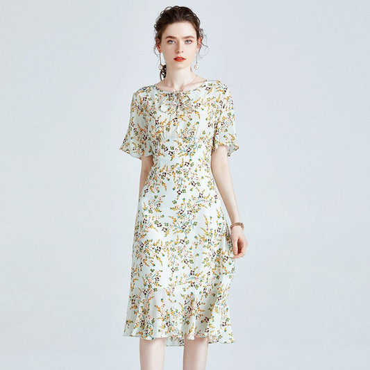 Elegantes Damenkleid aus 100 % reiner Seide mit Blumenmuster Maulbeerseide mit kurzen Ärmeln Kleider 2022 Neu