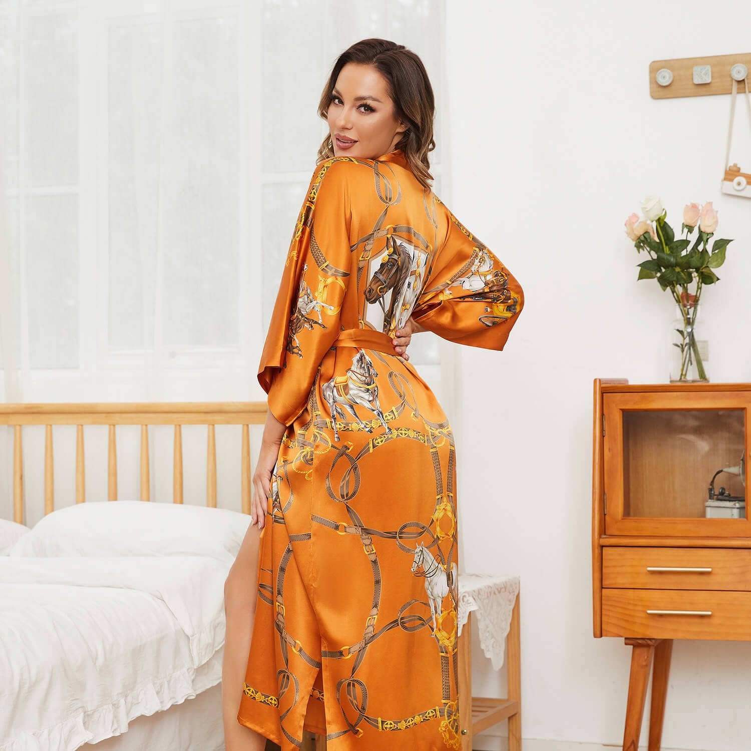 100% Long Mulberry Silk Kimono Robes Handpainted Hourse Luxury Women's Nightwear - slipintosoft