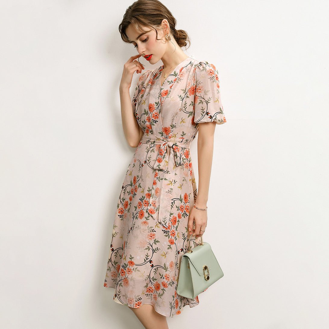 Glänzendes Seiden-Retro-Blumenkleid, 100 % reines Seidenkleid, kurzärmeliges Kleid, Midi-Seidenkleid