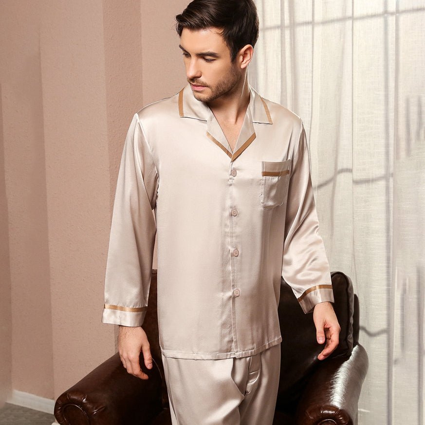 Klassisches Seidenpyjama-Set für Herren, luxuriöse 19-mm-Seiden-Nachtwäsche mit langen Ärmeln
