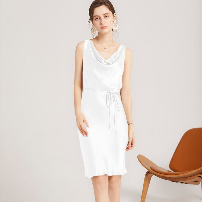 22 Momme Elegant Sleeveless Women's Silk Dress Cowl Neck Midi Silk Dress - slipintosoft