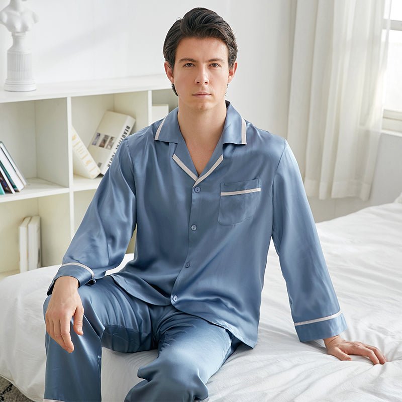 Klassisches Seidenpyjama-Set für Herren, luxuriöse 19-mm-Seiden-Nachtwäsche mit langen Ärmeln