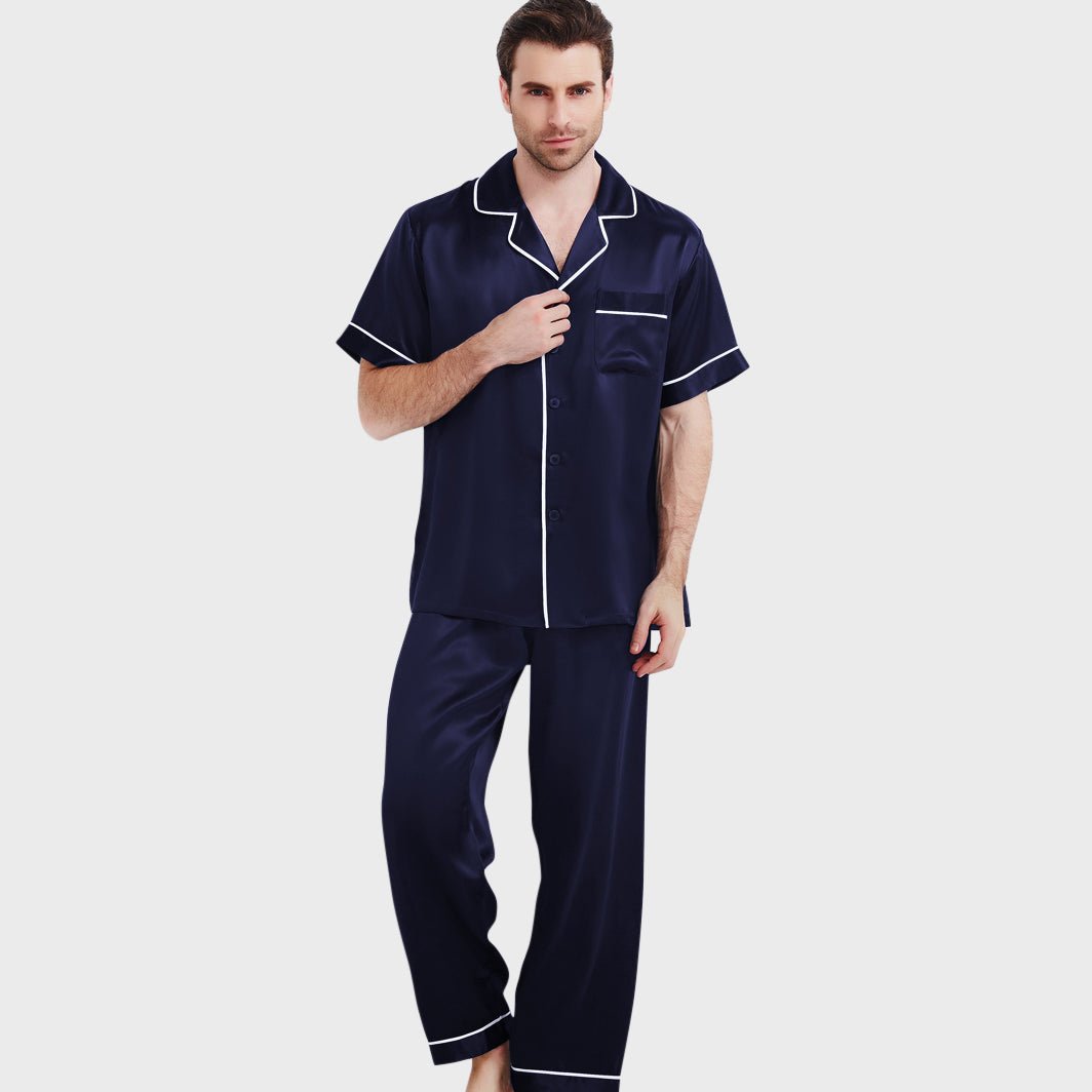 Luxuriöses Herren-Pyjama-Set aus Seide für Männer, kurzärmlige Seiden-Nachtwäsche mit 100-Seiden-Unterteilen
