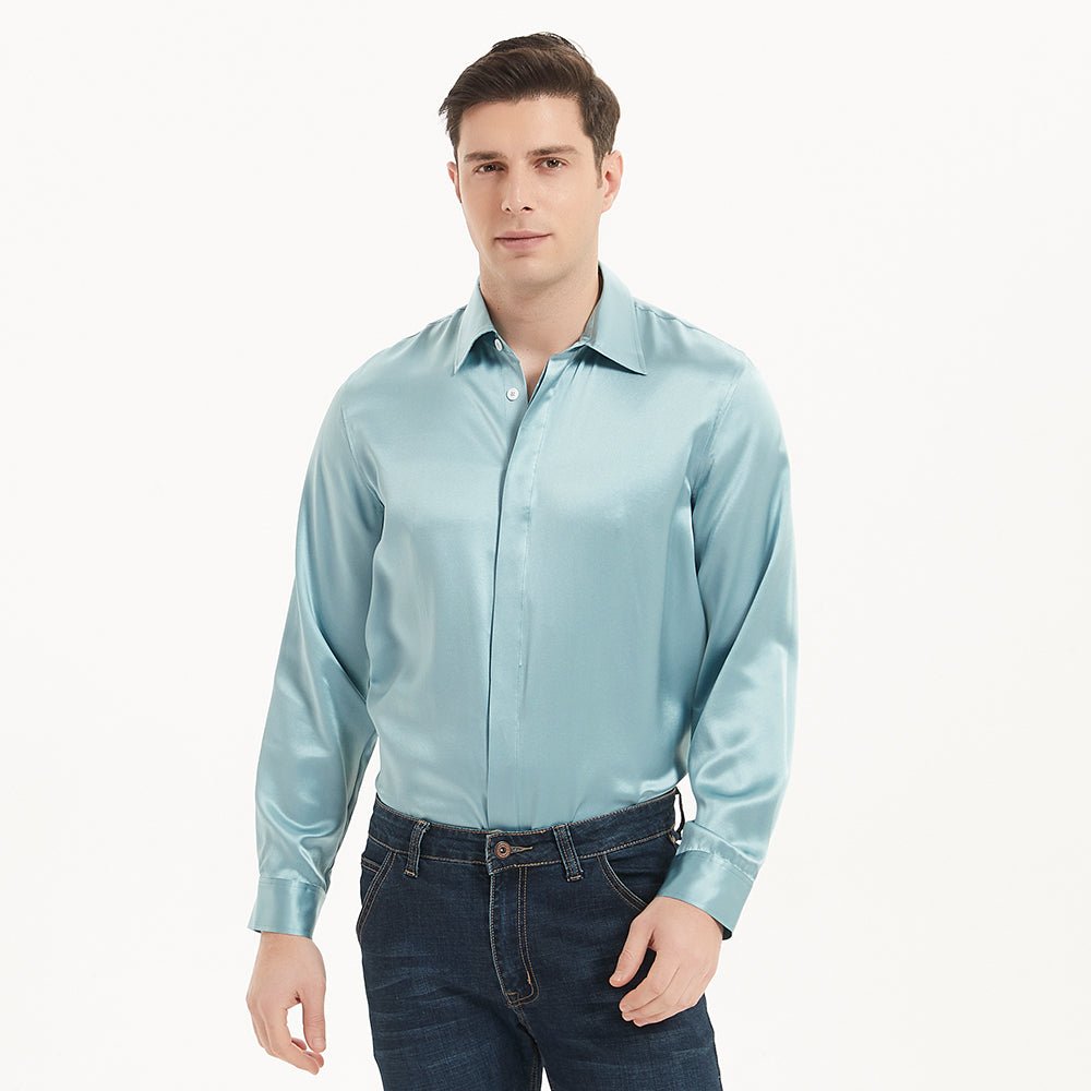 Top aus 100 % Maulbeerseide für Herren, langärmliges Seidenhemd mit verdecktem Knopf