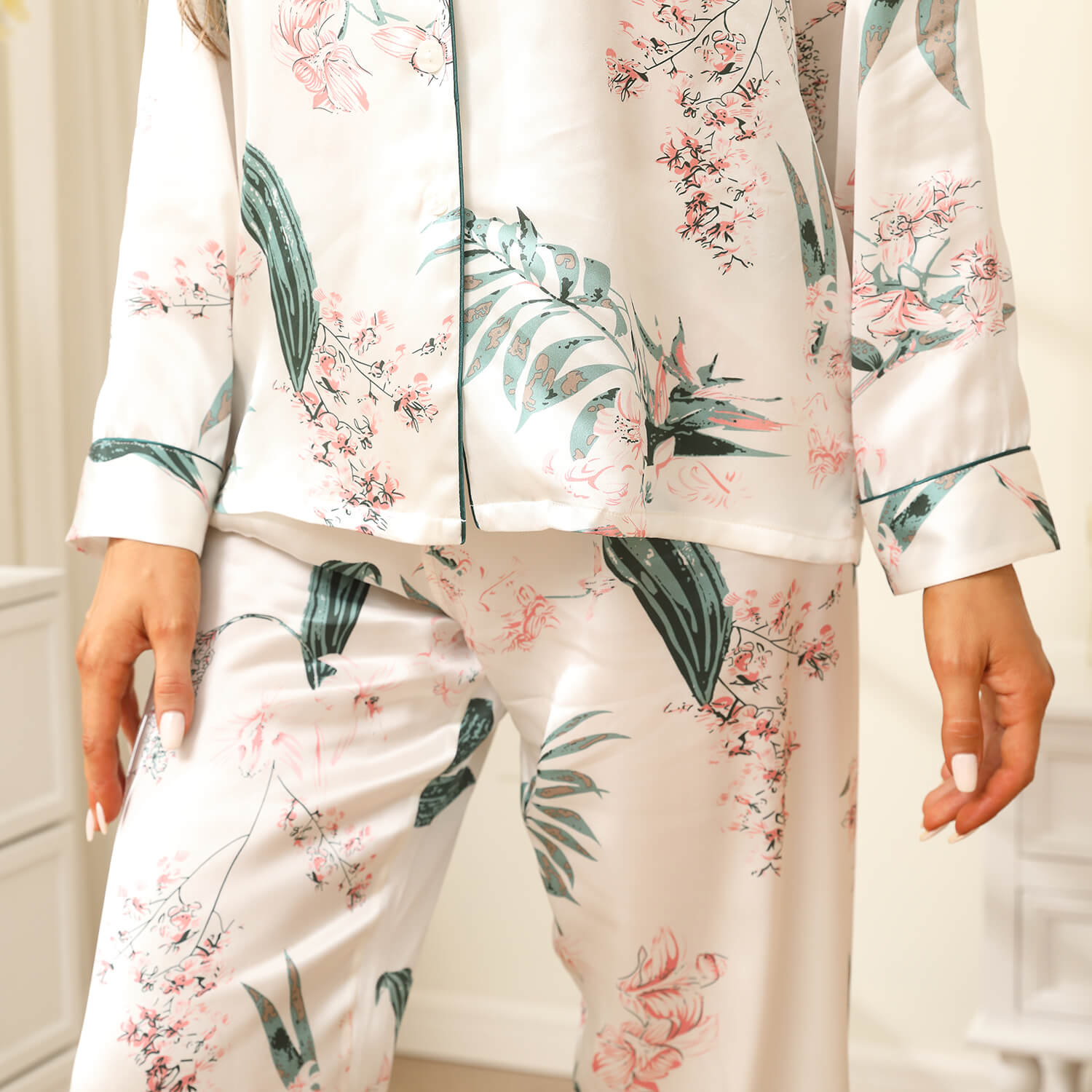 Best Silk Pajama Set For Women Long Flower Print Mulberry Silk Pyjamas Luxury Silk Sleepwear - slipintosoft