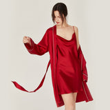 Luxuriöses Seiden-Nachthemd und Morgenmantel-Set für Damen. Klassisches, langärmliges Seiden-Nachthemd und Morgenmantel