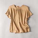 Elegant Womens Mulberry Silk Short Sleeve T-Shirt 22 Momme Round Collar Silk Blouse - slipintosoft