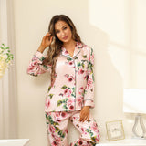 Long Floral Silk Pajama Set For Women Pink Black Real 100 Ladies Silk Pjs Mulberry Silk Sleepwear - slipintosoft