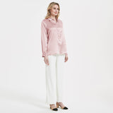 Elegante Damen-Seidenbluse mit Perlenschnalle, langärmeliges Hemd aus 100 % Maulbeerseide
