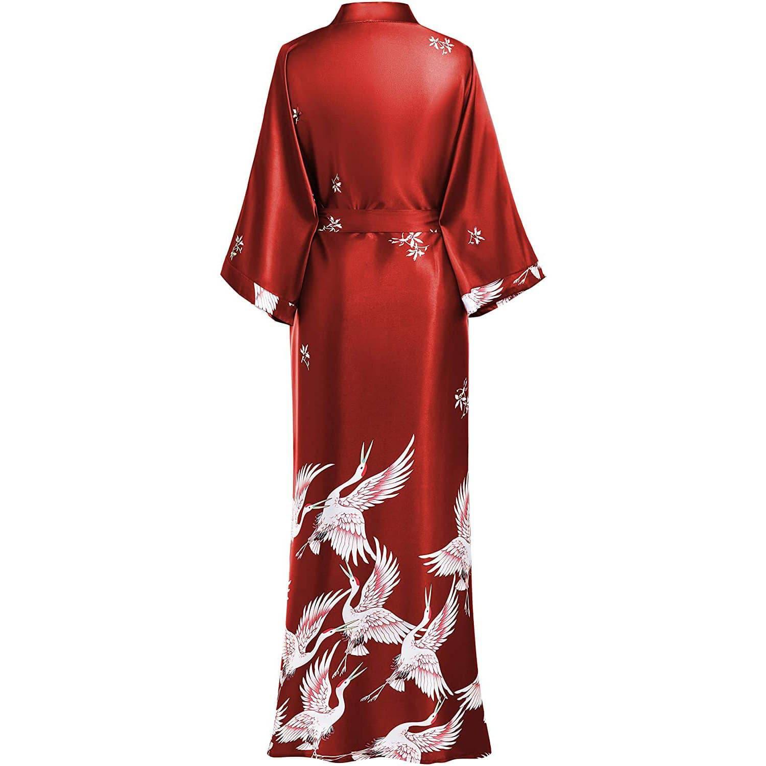 100% Silk Long Kimono Robe with Belt Women's Nighties Crane  Prints -  slipintosoft