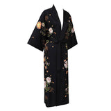 Lange Seiden-Kimono-Robe, luxuriöse schwarze Kirschblüten-Drucke mit Gürtel, alle Größen