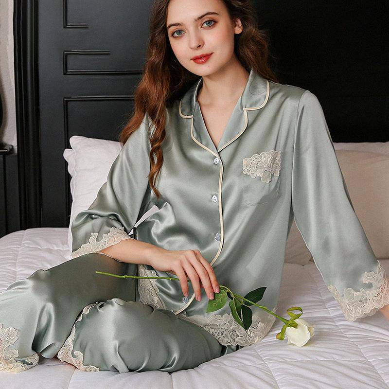 Long Silk Pajamas Set with lace for Women Silk PJS ladies 100 silk sleepwear (multi-colors) -  slipintosoft