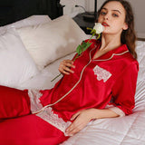 Long Silk Pajamas Set with lace for Women Silk PJS ladies 100 silk sleepwear (multi-colors) -  slipintosoft