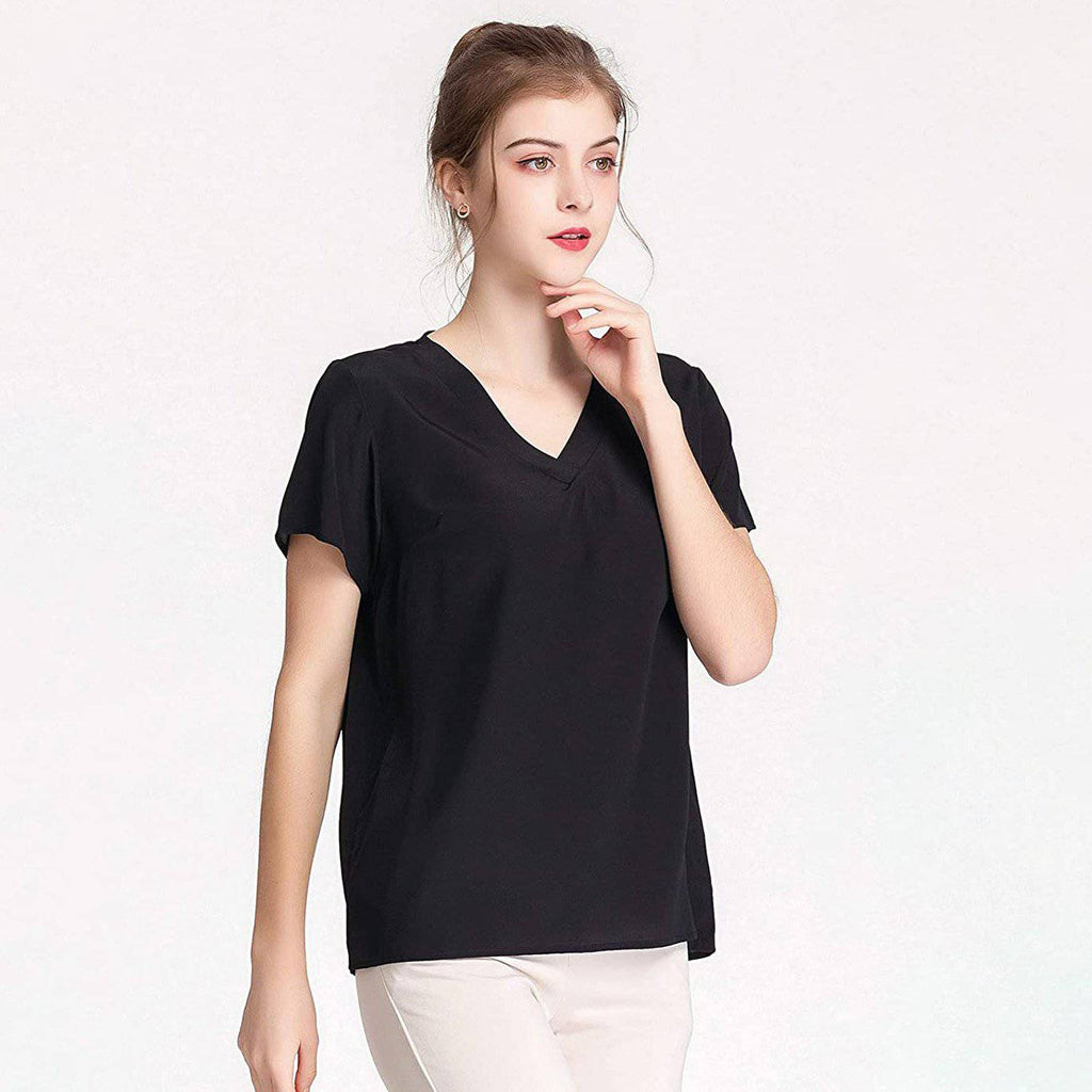 Mulberry Women Silk T-Shirt Short Sleeve Tank V Neck Ladies Silk Shirt s -  slipintosoft