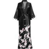 100% Silk Long Kimono Robe with Belt Women's Nighties Crane  Prints -  slipintosoft