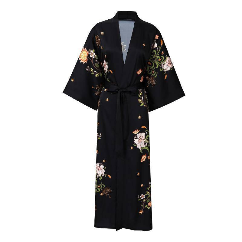 Lange Seiden-Kimono-Robe, luxuriöse schwarze Kirschblüten-Drucke mit Gürtel, alle Größen