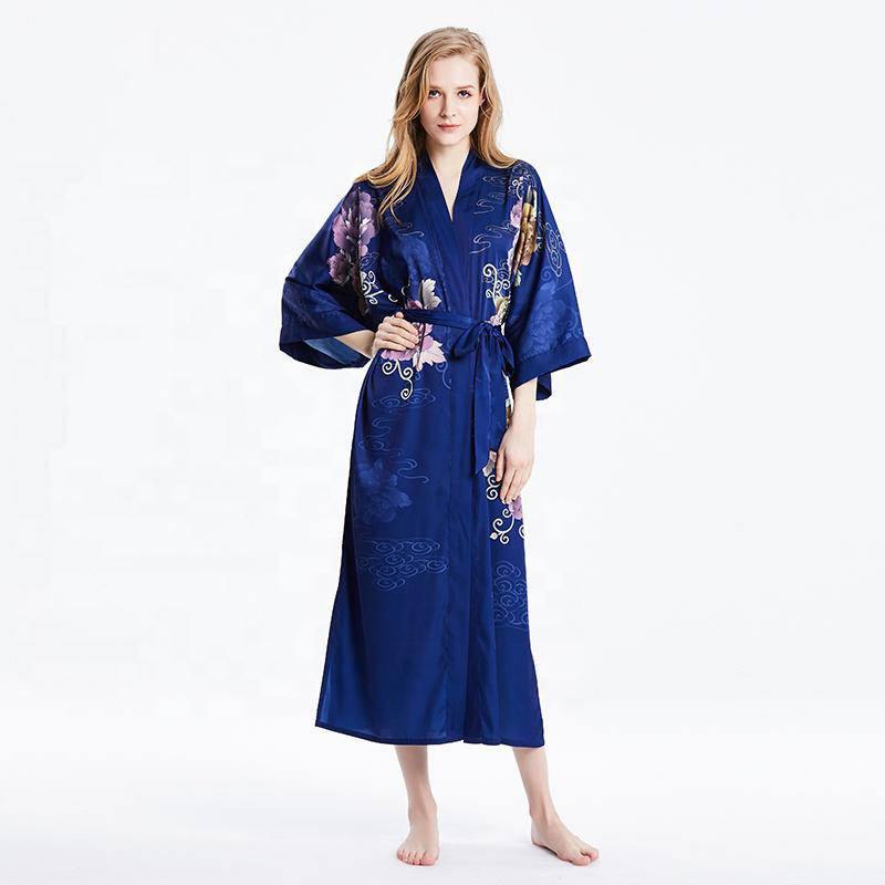 100% Long Silk Kimono Robes Dark Blue Peony Chinese Painting Sexy Women Sleepwear -  slipintosoft