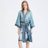 100% Short Silk Kimono Robe lotus silk clothes Luxurious Light Blue Lotus Hand Drawing Charming Nighties -  slipintosoft