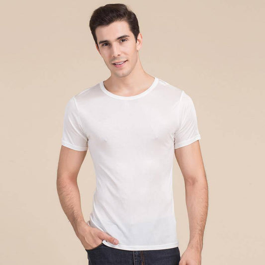 Klassisches Herren-T-Shirt aus Seide mit Rundhalsausschnitt, kurzärmeliges Unterhemd, gestrickte Seidenhemden für Herren