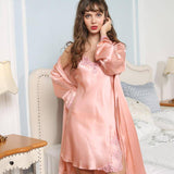 Silk Nightgown Robe Set with Flower Trimming For Ladies silk Nightwear Set -  slipintosoft