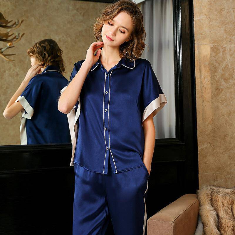 Silk Pajamas for Women Short Sleeve Button-Down Ladies Pajamas Sets Silk Nightwear -  slipintosoft