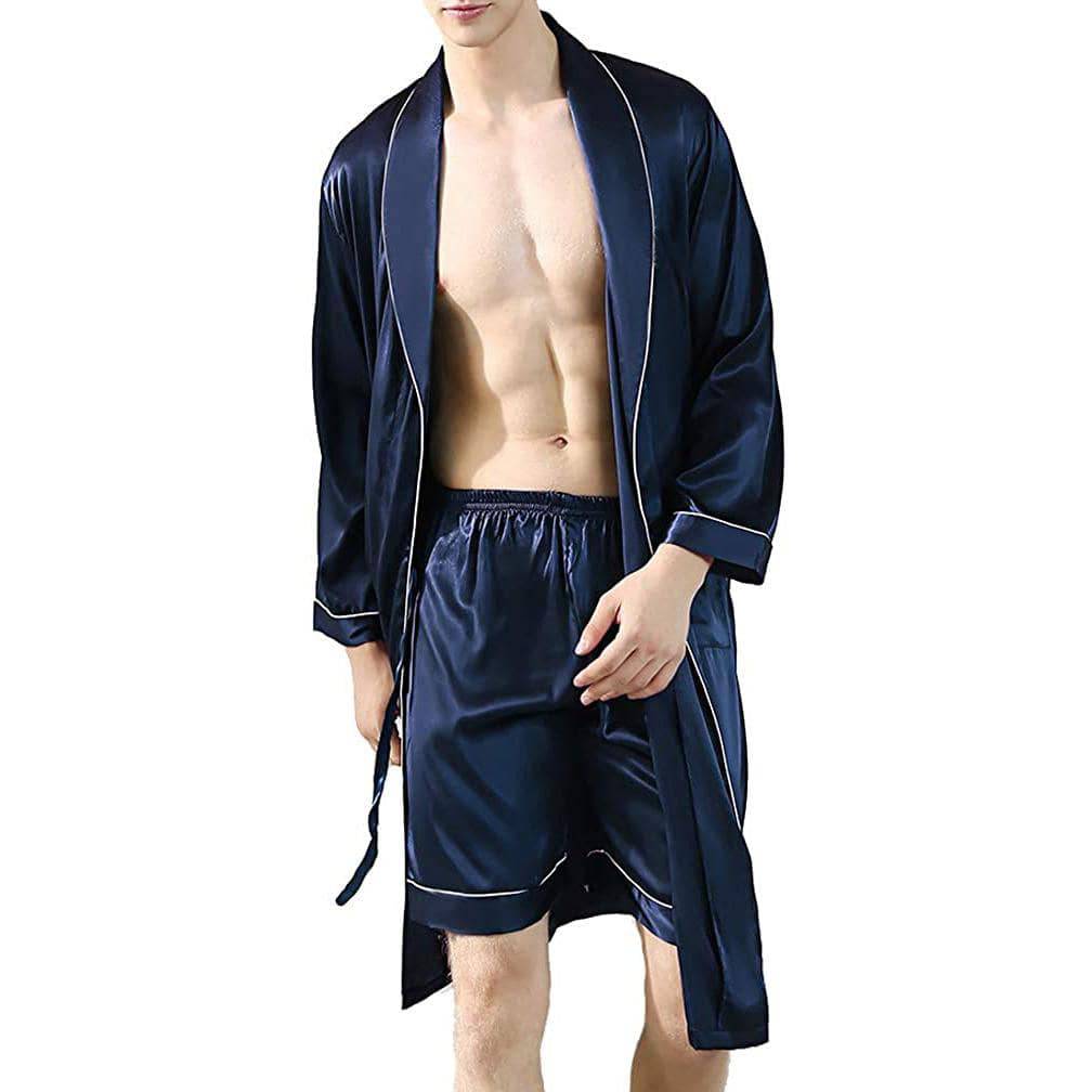 Men's Silk Bathrobe Nightgown Casual Silk Kimono Robe Loungewear Sleepwear Pajama Set with Shorts -  slipintosoft