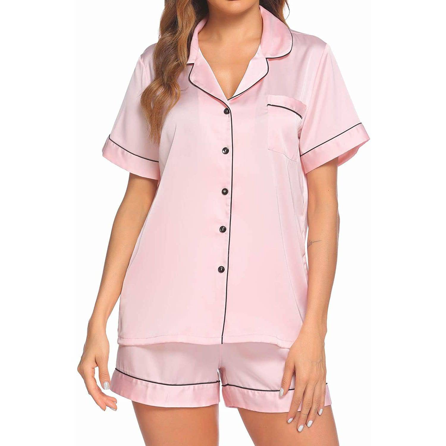 Silk Pajamas for Women's Short Silk Sleepwear Soft Silk Button Down Loungewear Pjs Shorts Set -  slipintosoft