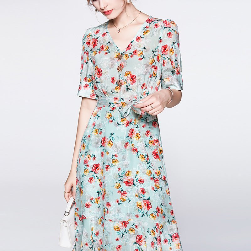 Spring New Women's Silk Floral Dress Pure 100% Pure Mulberry Silk Dresses - slipintosoft