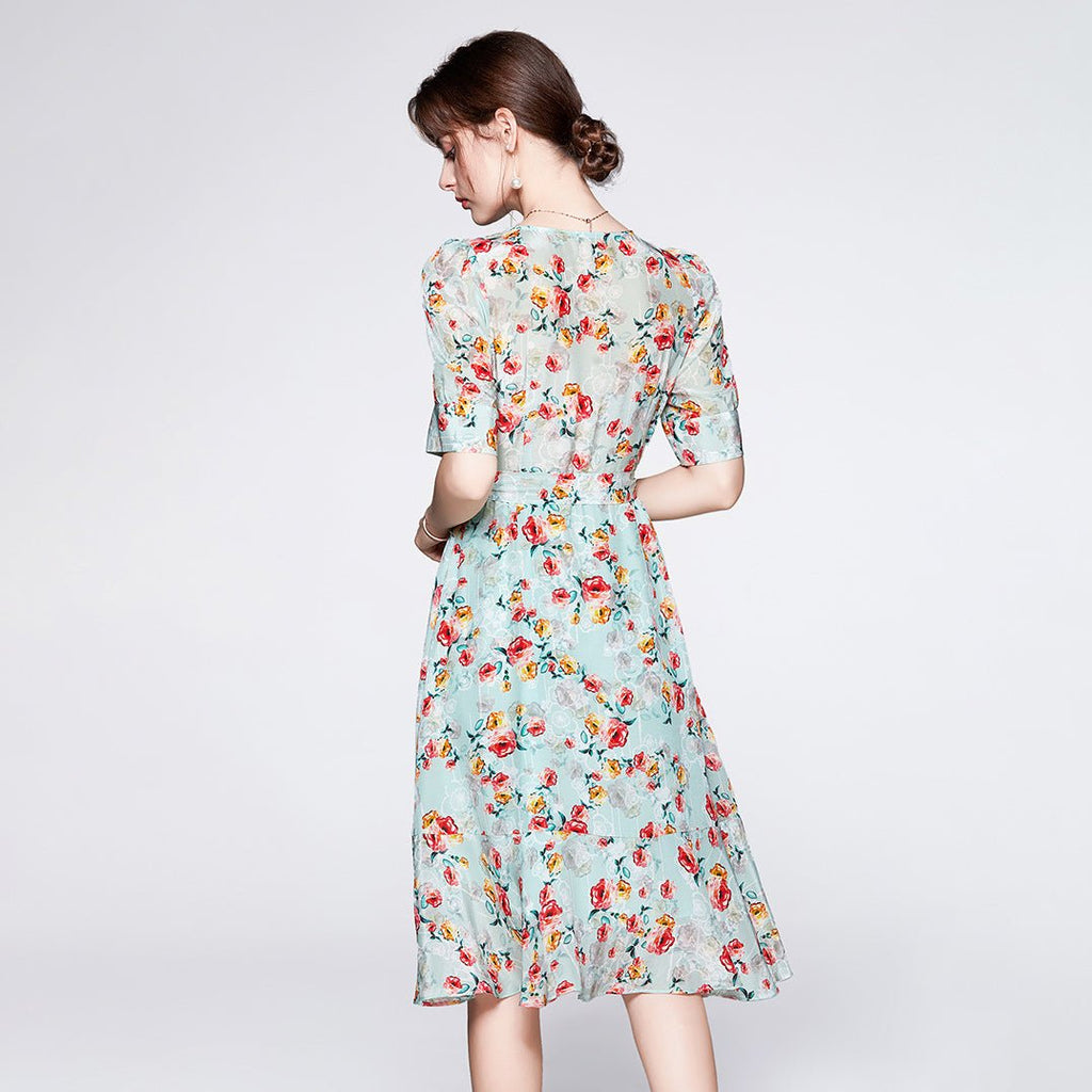 Spring New Women's Silk Floral Dress Pure 100% Pure Mulberry Silk Dresses - slipintosoft