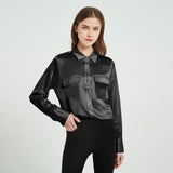 Women Silk Blouse 100% Pure Long Sleeve Silk Blouses with Flap Pockets - slipintosoft