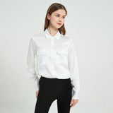 Women Silk Blouse 100% Pure Long Sleeve Silk Blouses with Flap Pockets - slipintosoft