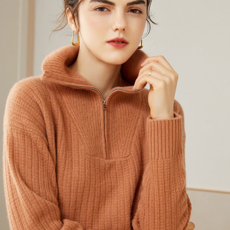 Women's 100% Cashmere Ribbed Polo Sweater - slipintosoft