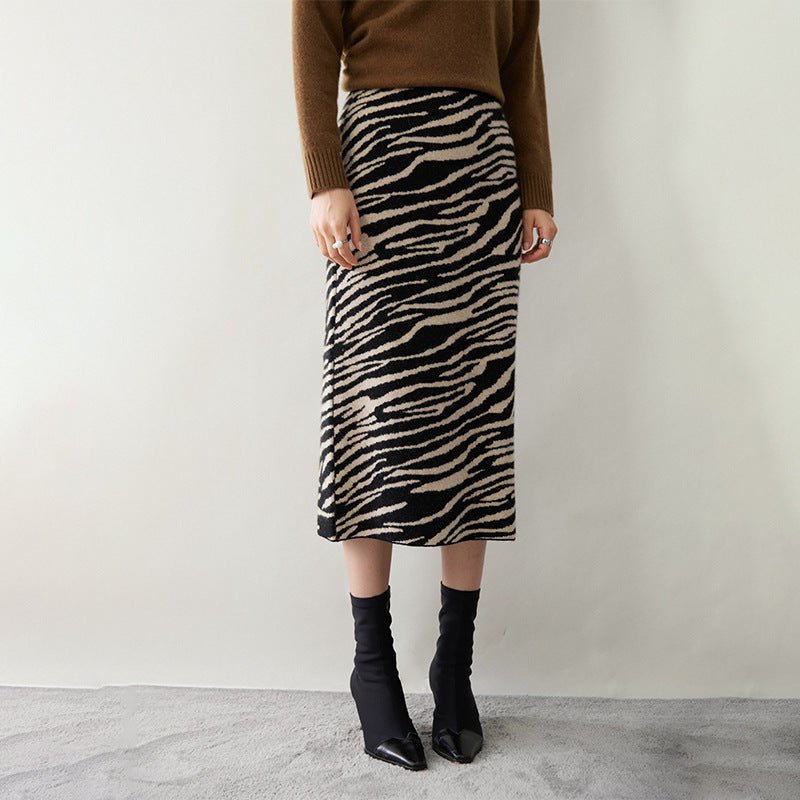 Women's Cashmere Sheath Dresses Chic Zebra Stripe A Line Cashmere Skirt - slipintosoft