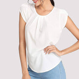 Women's Casual Round Neck Silk Blouse Pleated Top Cap Sleeve Curved Keyhole Back Blouse - slipintosoft