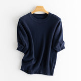 Women's Elbow Sleeve Cashmere Sweater Crew Neck Solid Knitted Cashmere Pullover - slipintosoft