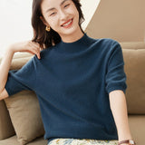 Women's Half Sleeves Cashmere Sweater Solid Colors Half Turtleneck Tops - slipintosoft
