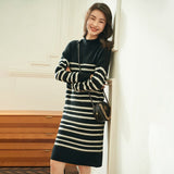 Women's Mock Neck Cashmere Dress Striped Midi Cashmere Sweater Dresses - slipintosoft