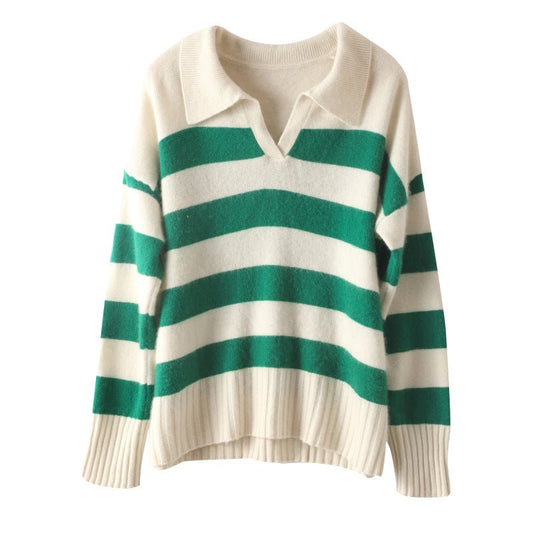 Women's Polo Cashmere Sweater Wide Striped Drop Shoulder Pullover Tops - slipintosoft
