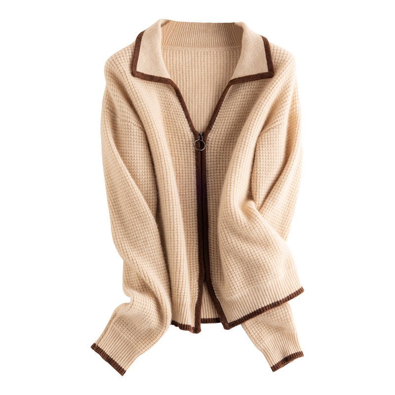 Women's POLO Necked Cashmere Cardigans Mixed Colors Full Zip Cashmere Coat - slipintosoft