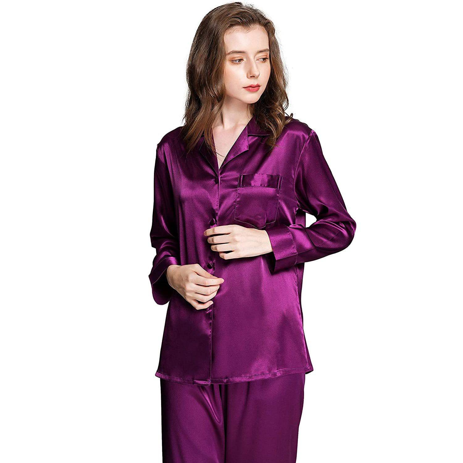 Womens Silk Pajama set Long Sleeve Button Down Silk Sleepwear Full Length Pajamas - slipintosoft