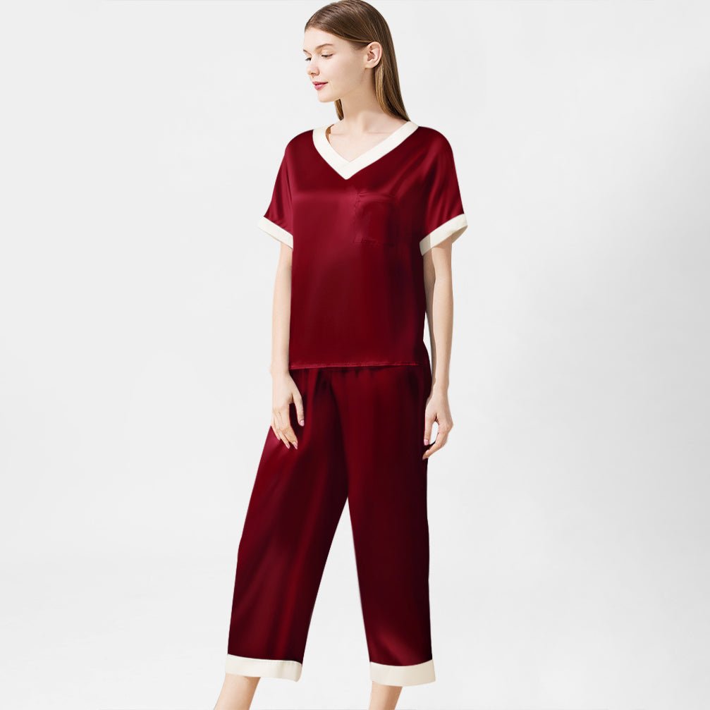 Women's Silk Pajamas Set Contrast V Neck Ladies Silk Pajamas Pure Silk Sleepwear - slipintosoft