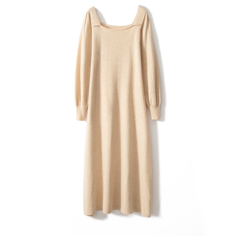 Women's Square Neckline Cashmere Dress Tea Length Knitted Dress - slipintosoft