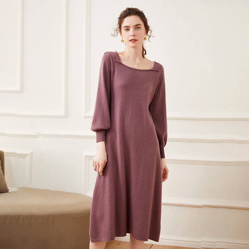 Women's Square Neckline Cashmere Dress Tea Length Knitted Dress - slipintosoft
