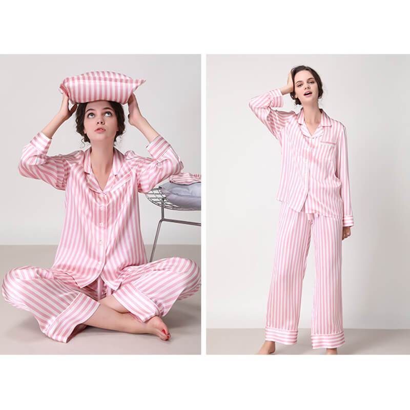 Damen-Pyjama-Set aus gestreifter Seide, Langarm-Nachtwäsche aus Seide,