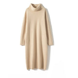 Women's Turtleneck Cashmere Dresses Warm Long Cashmere Basic Midi Dress - slipintosoft