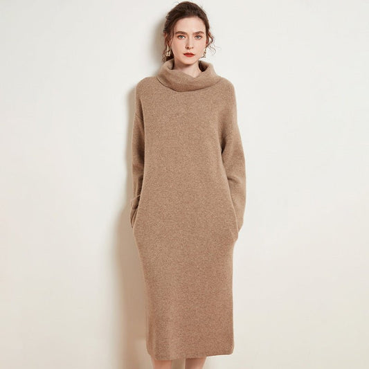 Women's Turtleneck Cashmere Dresses Warm Long Cashmere Basic Midi Dress - slipintosoft