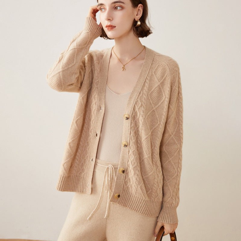Women's V Neck Cashmere Cardigans Relaxed Fit Cable-Knitted Cashmere Sweater Coat - slipintosoft
