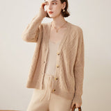 Women's V Neck Cashmere Cardigans Relaxed Fit Cable-Knitted Cashmere Sweater Coat - slipintosoft