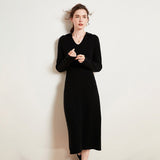 Women's V Neck Cashmere Dresses Tea Length Cashmere Waistband Midi Dresses - slipintosoft