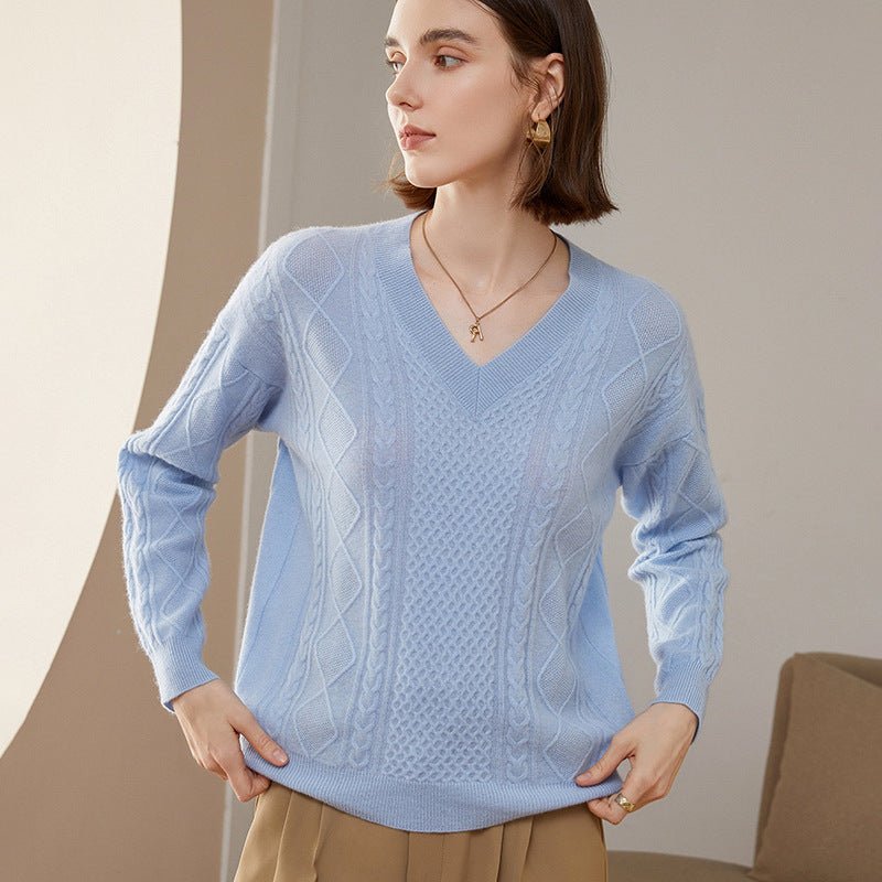Women's V Necked Cashmere Pullover Solid Cable-Knitted Cashmere Sweater - slipintosoft